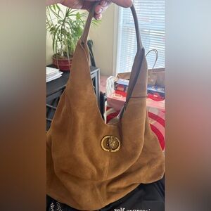 Brown Suede Shoulder Hobo Bag with Gold Accent